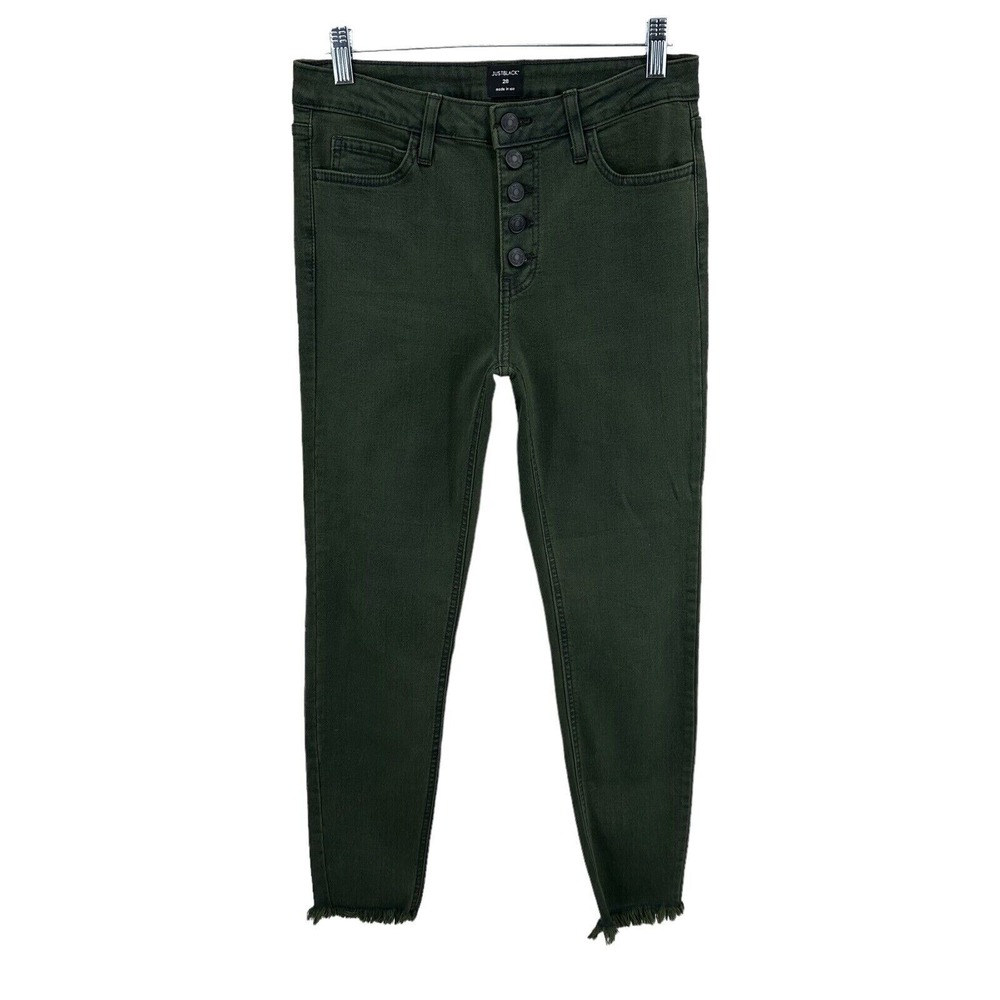 JUSTBLACK Size 28 High Rise Button Fly Cropped Jeans Olive Green  Frayed Hem USA